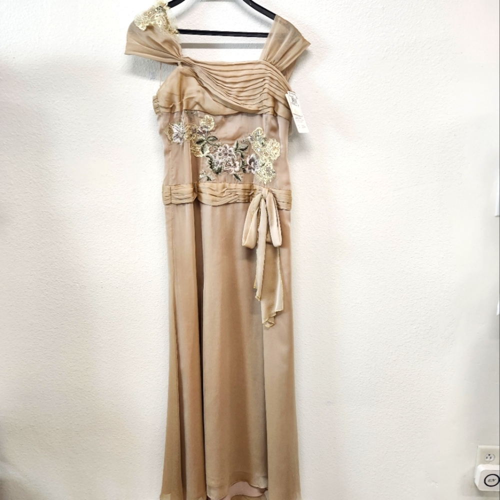 Adrianna Papell Occasions Champagne Embroidered Embellished Formal Dress sz6 NEW